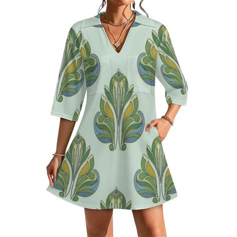 Art Nouveau Floral Pattern Womens Dress With Pockets Summer V Neck 3/4 ...