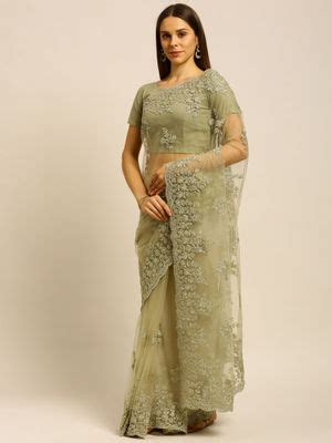 Buy Kasee Green Floral Embroidered Net Saree with Unstitched Blouse Online