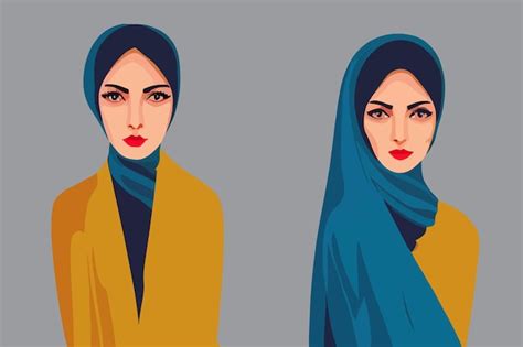 Two proud iranian women dressed in hijab in blue yellow | Premium Vector