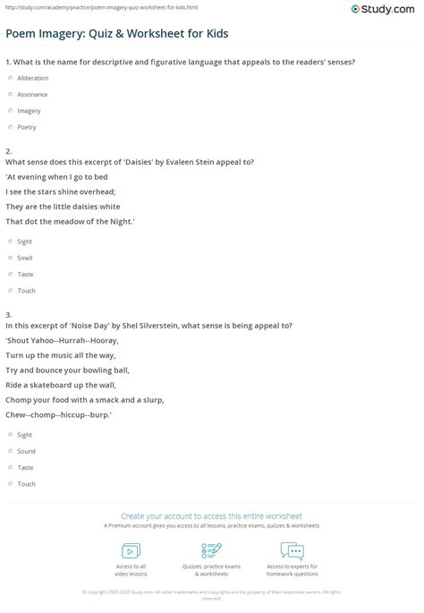 Poem Imagery: Quiz & Worksheet for Kids | Study.com