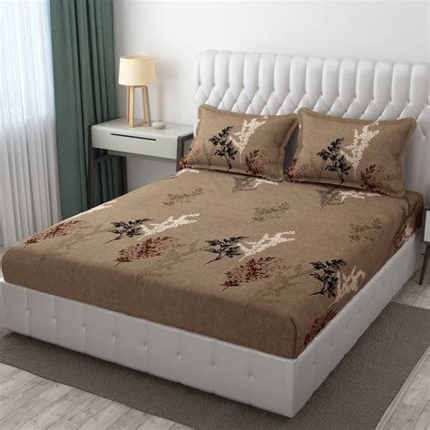 Brown Floral Cotton Blend King Size Fitted Bedsheet with 2 Pillow Cove ...