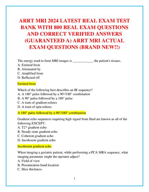 ARRT MRI FINAL EXAM 2024 PRACTICE EXAM WITH 400 QUESTIONS AND 100% ...