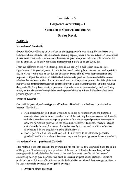 Semester V Corporate Accounting I: Valuation of Goodwill and Shares ...