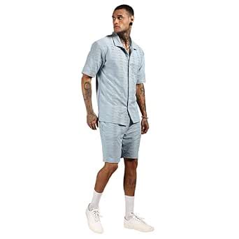 Campus Sutra Men's Powder Blue Ruche-Ribbed Co-Ord Set for Casual Wear ...