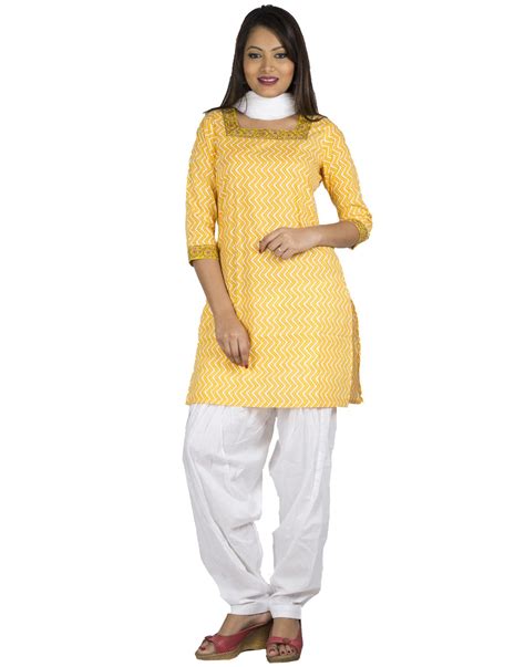 Buy Jaipur Kurti's Pure Cotton Yellow and White Complete Set of Salwar ...