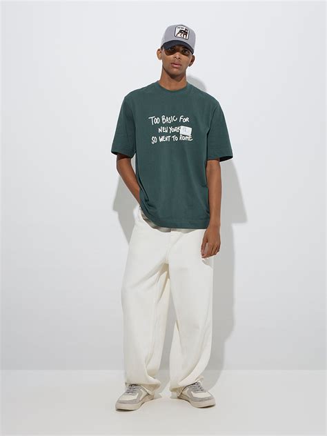 Buy Nuon Dark Green Typographic Relaxed-Fit Cotton T-Shirt from Westside