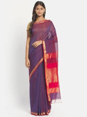 Buy Fabindia Blue Cotton Silk Maheshwari Woven Saree without Blouse Online