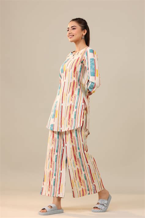 Parallel Abstract Lines on Off White Cotton Flex Palazzo Loungewear Se