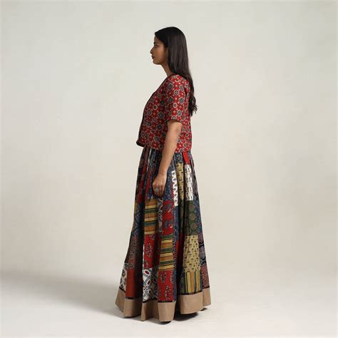 Multicolor 24 Kali Patchwork Block Print Cotton Ajrakh Skirt