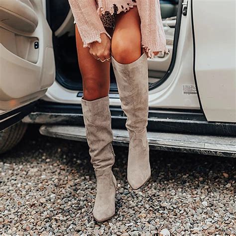 Women's Taupe Suede Knee-High Western Boots with Block Heel, Stylish ...