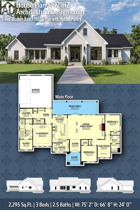 Plan 51921HZ: 3-Bed Modern Ranch House Plan with Hidden Pantry | Ranch ...