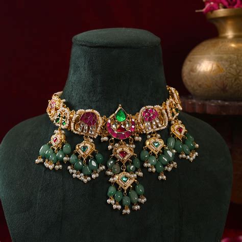 SJN1160- Multi Colour Gold Plated Jadau Kundan Fusion Choker with Earr