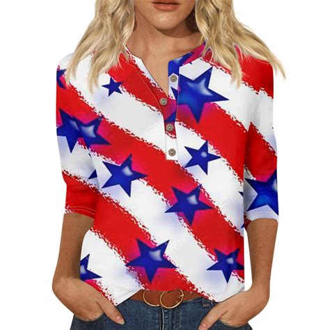 ASDFVBKG American Flag 3/4 Sleeve Shirts for Women Henley Neck Tshirts ...