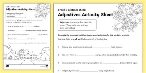 Grade 4 Sentence Skills: Adjectives Activity Sheet