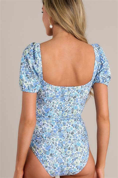 Blue Floral Short Sleeve One Piece Swimsuit - All Swim | Red Dress