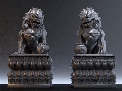石狮子雕塑 - 3d素材库