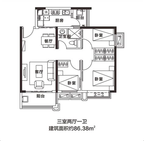 恒大曹家巷广场三室两厅一卫户型图,3室2厅1卫86.38平米- 成都透明房产网