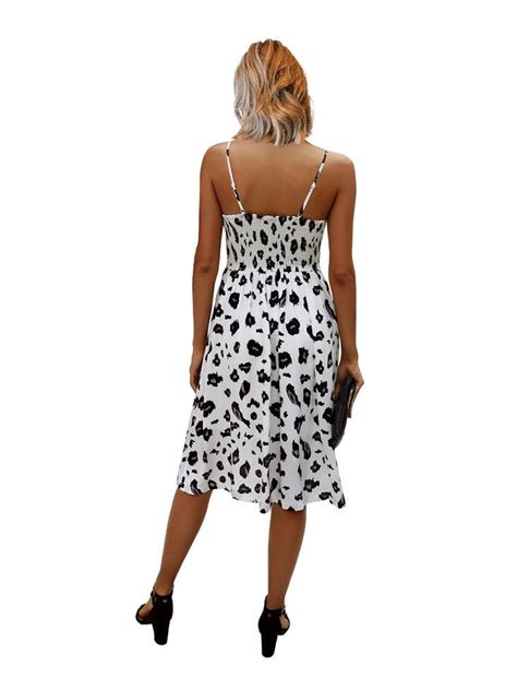 V Neck Spaghetti Strap Leopard Print Midi Dress