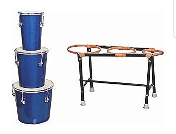 STOCK MANIA® 2Spl.Stand Triple Bongo Wooden Drum (Blue) Junior Congo ...