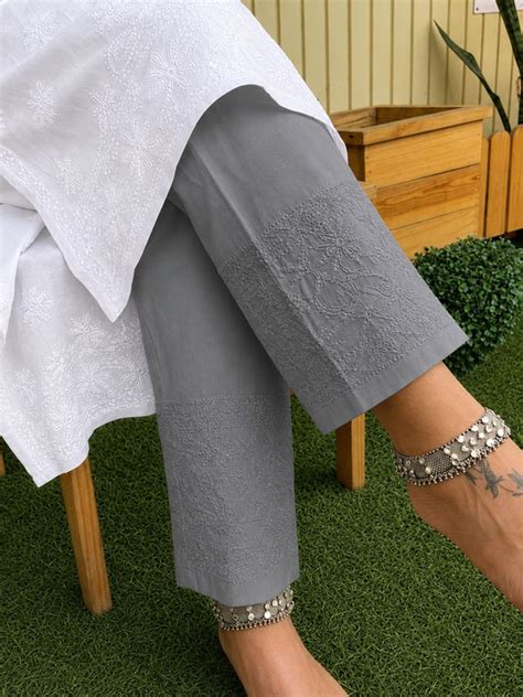 Indiehaat | Pure Cotton Chikankari Stretchable Pants Gray – Indiehaat.com