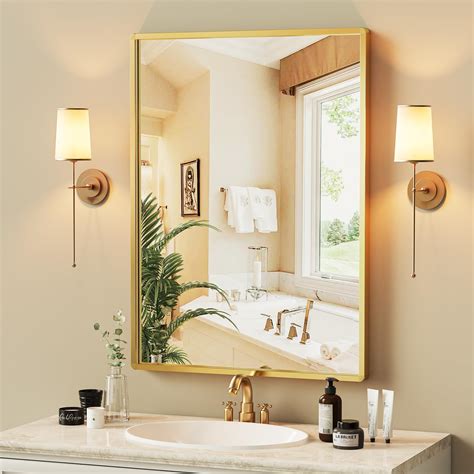 20"x30" Gold Bathroom Mirror for Vanity, Modern Wall-mounted Rectangle ...