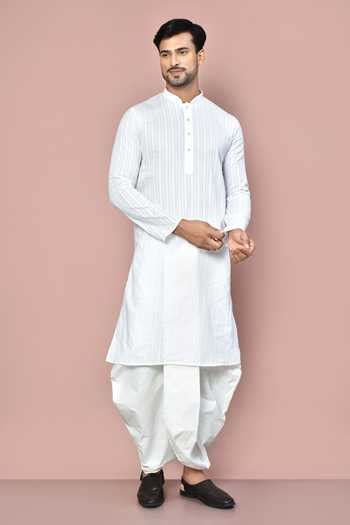 Buy White Cotton Stripe Full Sleeve Pattern Kurta With Dhoti Pant For ...