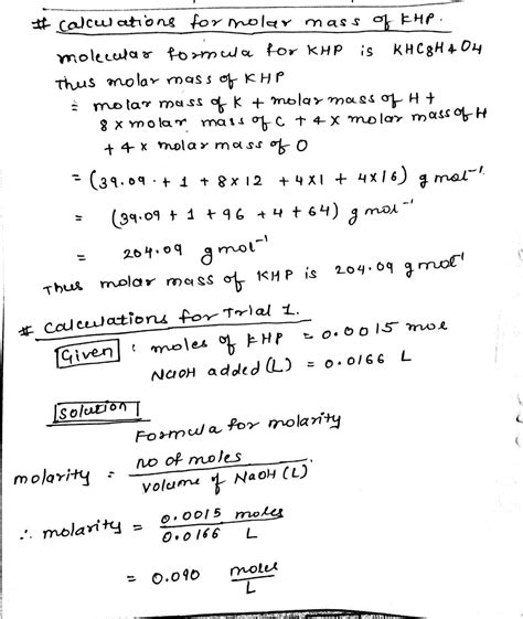 [Solved] show molar mass of KHP calculation, calculations for one trial ...