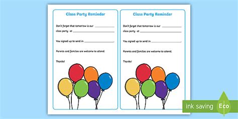 Class Party Reminder Editable Notes (teacher made) - Twinkl