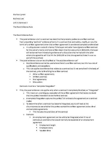The Parol Evidence Rule - Marissa Lymon Business Law Unit 4: Contract ...