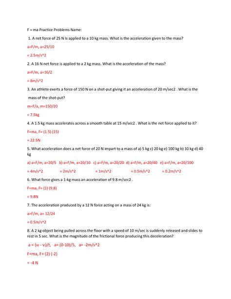 AP Physics F=ma Practice Problems - F = ma Practice Problems Name: 1. A ...