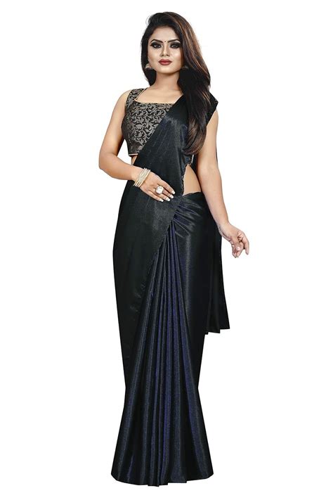 Buy Amiga Fashion Silk with Blouse Piece Saree (Japan Satin_Black_Free ...