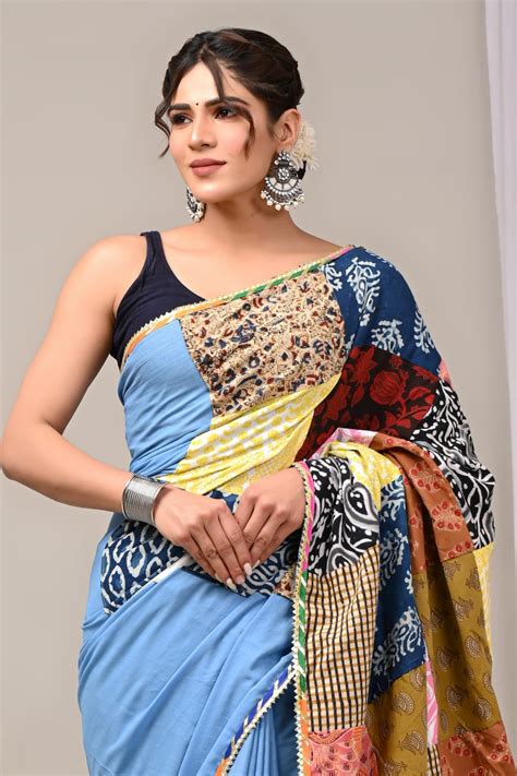 Block printed Patch Work Cotton Sarees