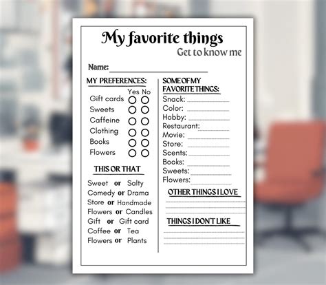 Employee favorite things survey co worker all about me list employee ...