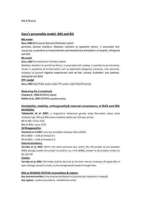 BIS BAS - Lecture notes 4&5 - BAS & Reward Gary’s personality model ...