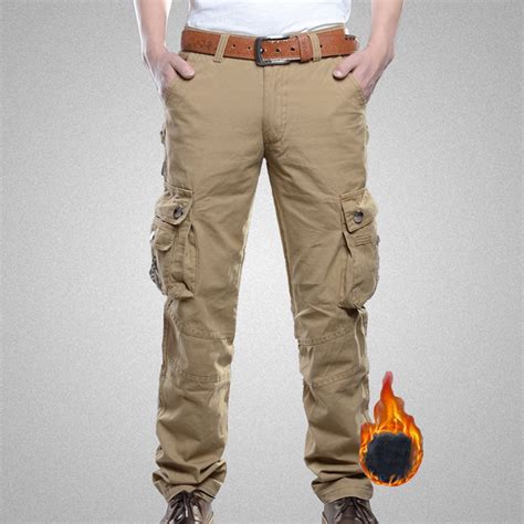 Njoeus Men's Fleece Lined Cargo Pants Casual Cotton Multi-Pocket ...