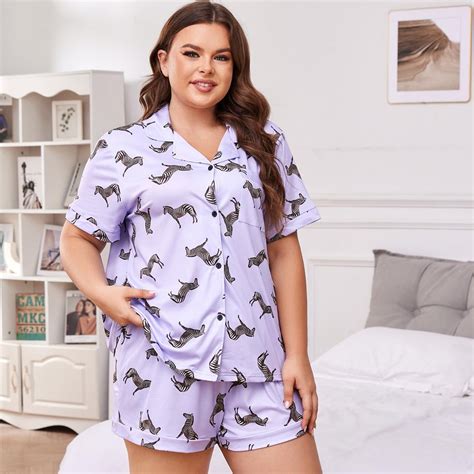 Women's Plus Size Pajama Set V-neck Short Sleeve Top with Pockets and ...