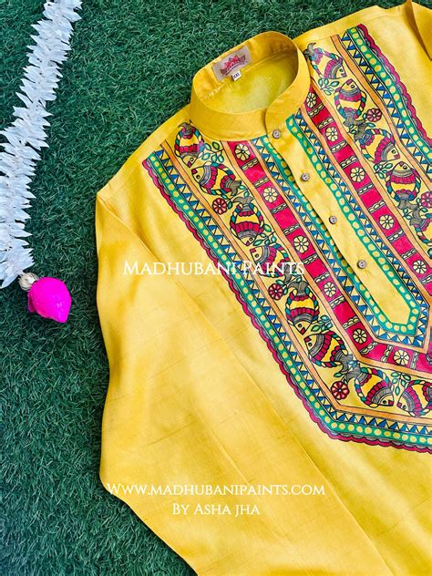 Yellow Fish Hand-painted Handloom Men's Tussar Silk Kurta – MADHUBANI ...