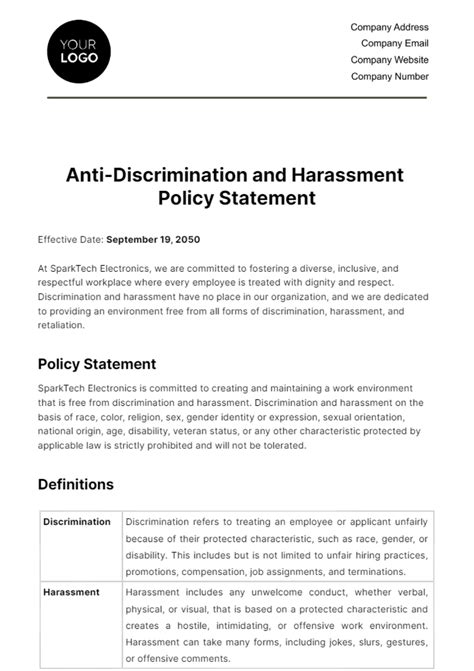 Free Anti-Discrimination and Harassment Policy Statement HR Template to ...