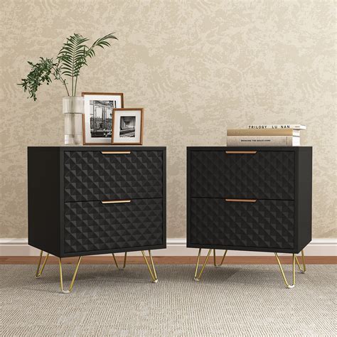 2 Drawer Bedroom Nightstand Set of 2 with Gold Metal Handle and Legs ...
