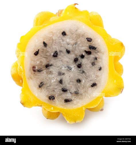 Yellow dragon fruit slice with white flesh and crunchy black seeds ...