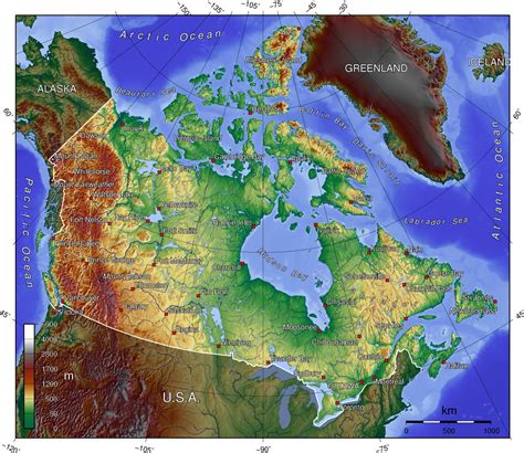 Geographical map of Canada: topography and physical features of Canada