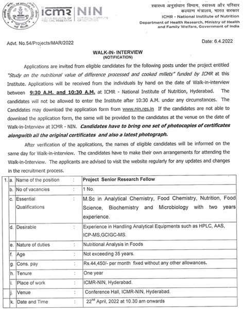 NIN Hyderabad Biochemistry/Microbiology SRF/JRF Walk INs