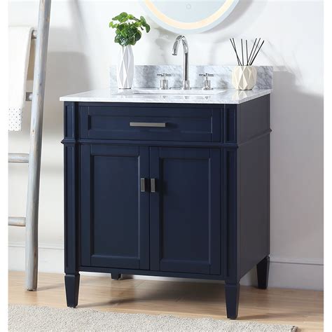 30" Striped Navy Blue Bathroom Vanity with White Ceramic Sink, Wall ...