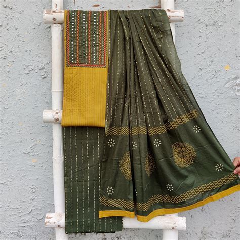 DIYA-Pure Cotton Mustard With Mahindi Green Intricate Design Yoke And ...