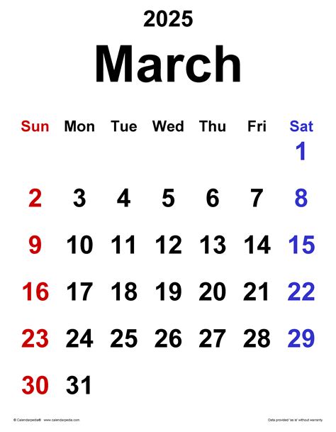 March 2025 Calendar | Templates for PDF, Excel and Word
