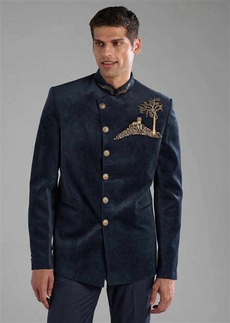 Buy Blue Velvet Embellished Jodhpuri and Pant Set | KALKI Fashion India
