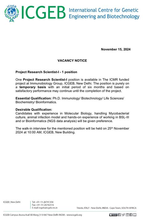 Immunobiology Project Scientist Opening @ ICGEB, New Delhi