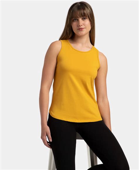 Buy Super Combed Cotton Rich Solid Curved Hem Styled Tank Top - Golden ...