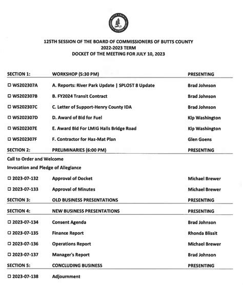 Docket of the July 10th, 2023 Board of Commissioners Meeting – Butts ...