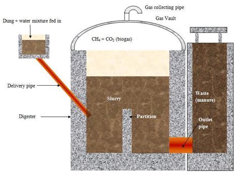Draw neat labelled diagram of biogas plant and construction working ...
